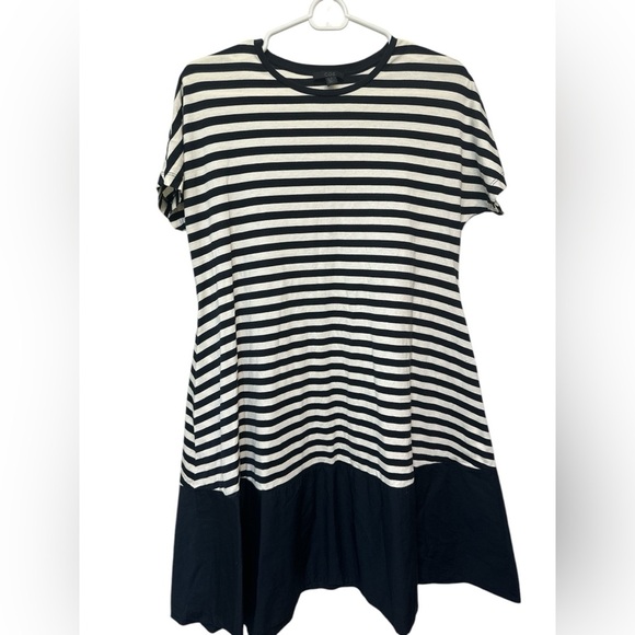 COS NAVY BLUE & WHITE STRIPE JERSEY ROUND NECK RELAXED FIT A-LINE DRESS SIZE XS - Picture 1 of 6